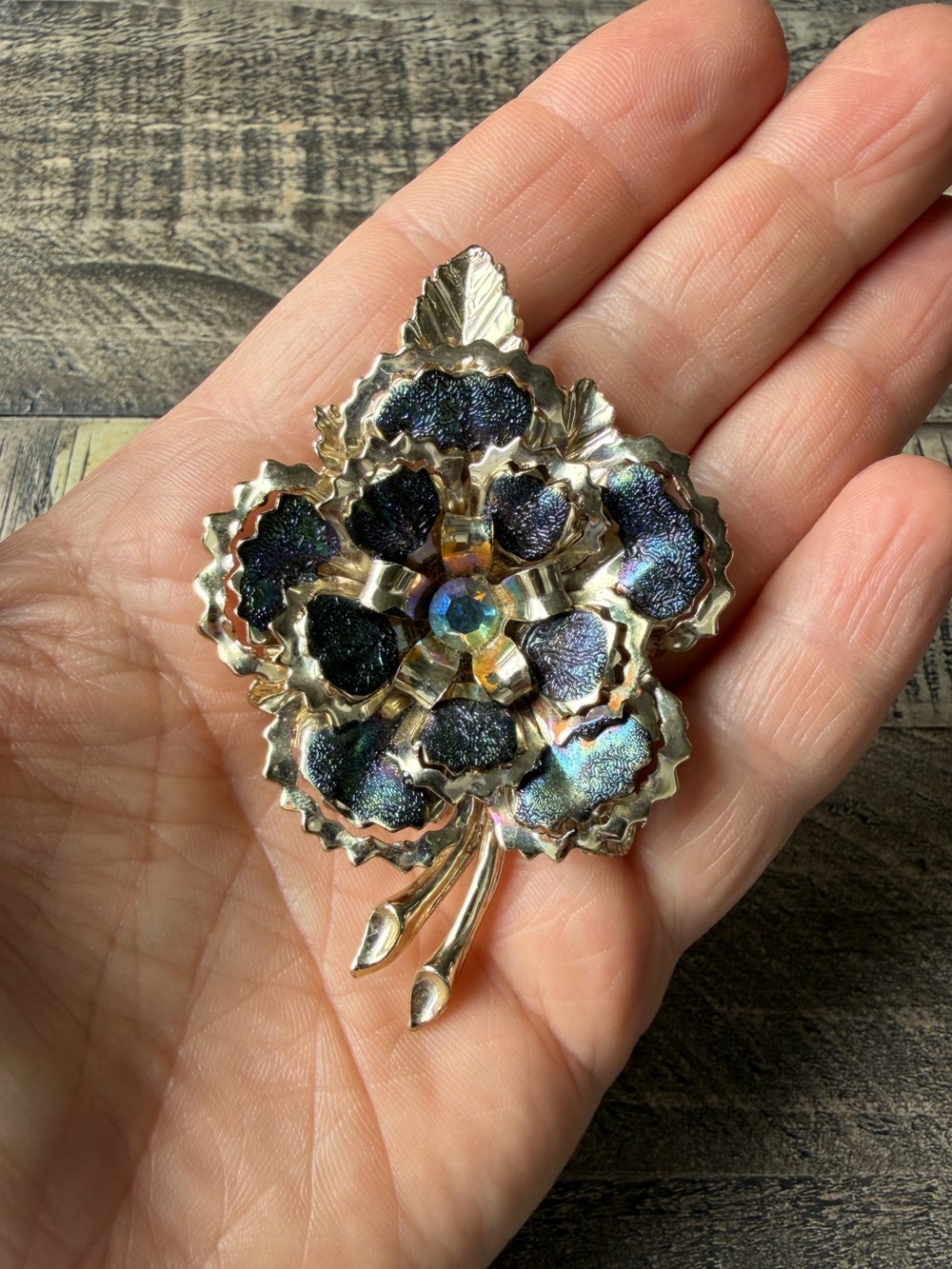 Vintage Iridescent Layered Petal Flower Brooch